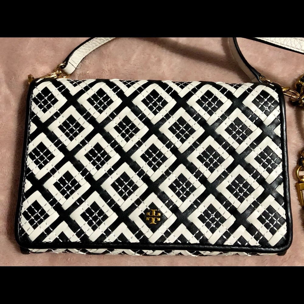 NWT Tory Burch Robinson Woven White & Black Leather Combo Purse Handbag - Picture 3 of 10